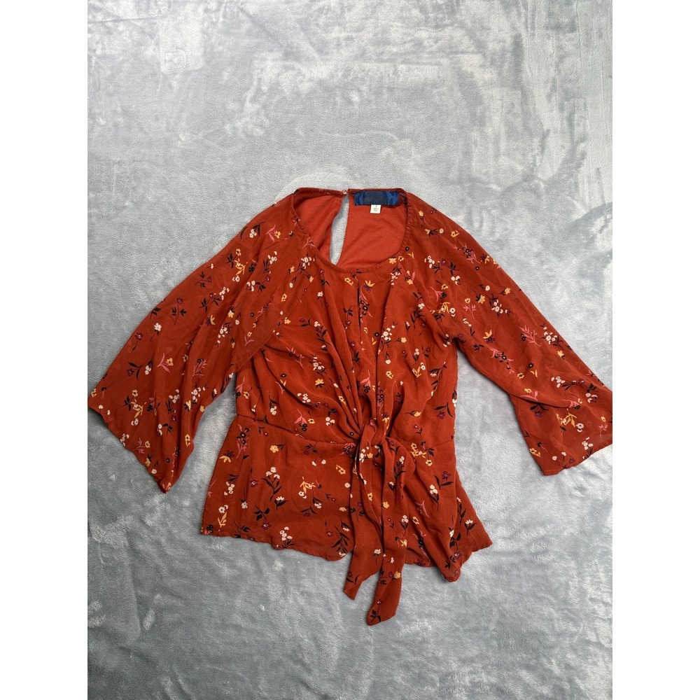 Blue Rain Peplum Blouse Women Small Rust Orange Floral Tie Front 3/4 Bell Sleeve